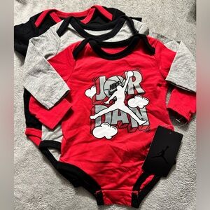 Infant Baby 3 pc Jordan Nike Bodysuits - Red Black Gray